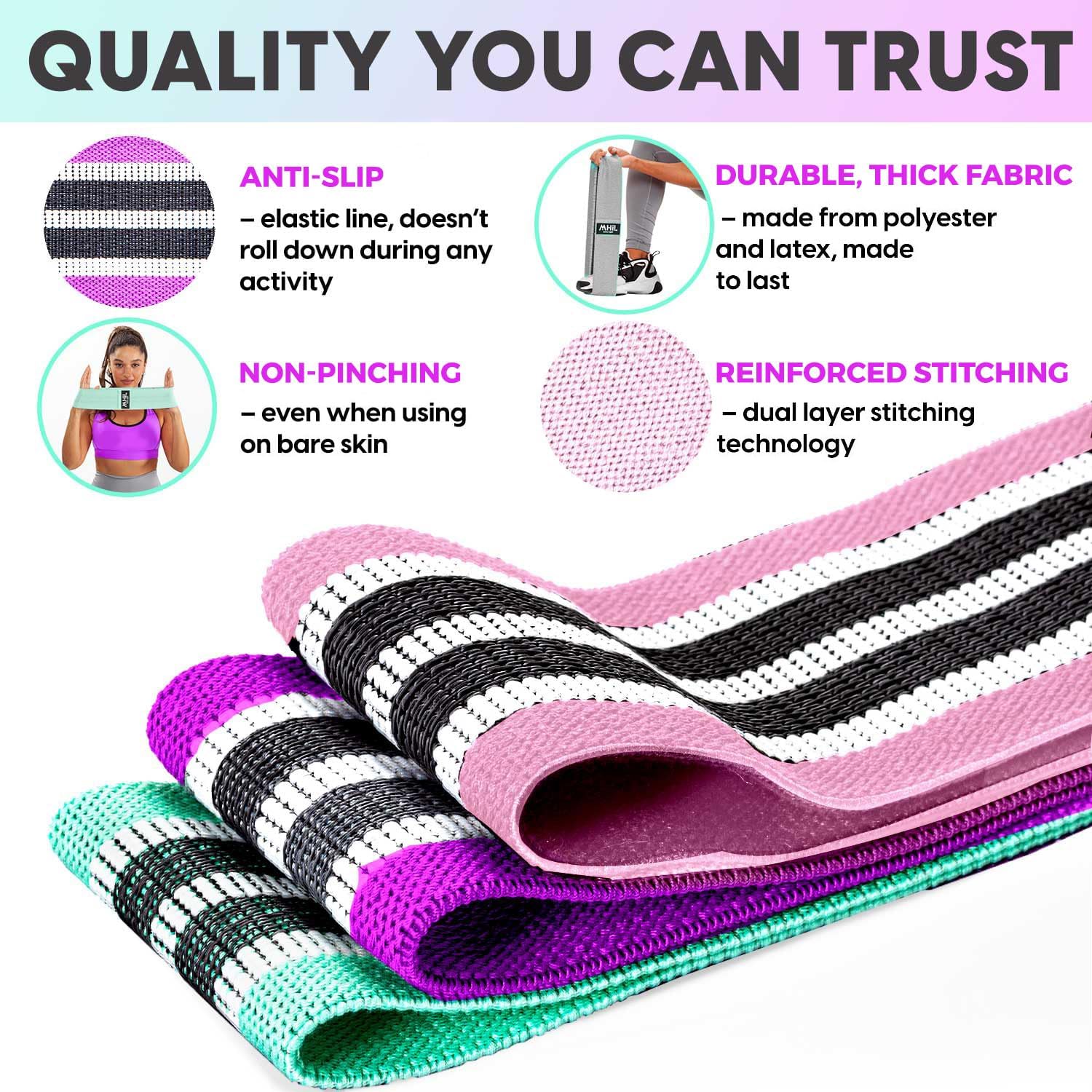 Booty Bands – Four Durable Exercise Bands for Working Out, Non-Slip & Non-Pinching Workout Bands – Multiple Resistance Levels Booty Bands for Legs Butt Glutes Hips Abs & More.