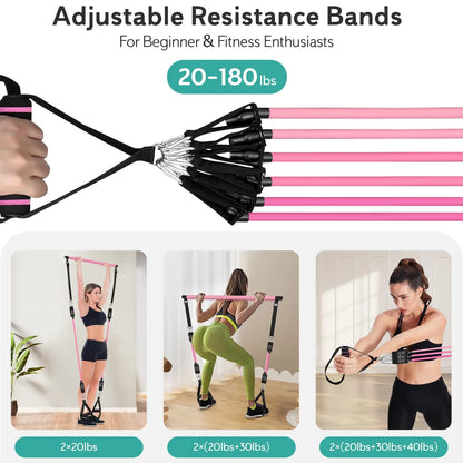 Pilates Bar Kit with Resistance Bands,Pilates Bar with Stackable Bands Workout Equipment for Legs,Hip,Waist and Arm,Exercise Fitness Equipment for Women & Men Home Gym Yoga Pilates